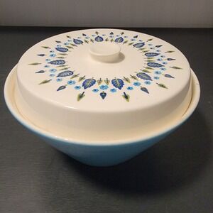 Vintage Marcrest Covered‎ Casserole Dish Blue Ceramic Serving Bowl Mid Century